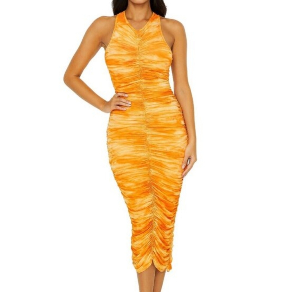 Revolve x House of Harlow 1960 Dress Ruched Maxi Sleeveless Orange Women's Sz L - Picture 11 of 11